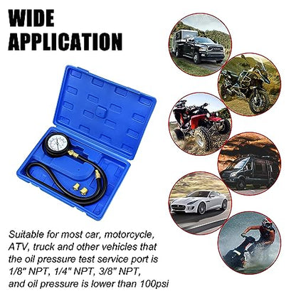 JIFETOR Oil Pressure Tester Kit, Professional Engine Diagnostic Test, 100PSI Pressure Gauge Tool with Hose Adapter for Truck Car ATV - color: Blue Case