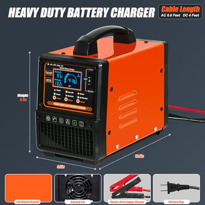 12V 24V Car Battery Charger Heavy Duty, Portable 0-15A Smart Battery Maintainer/Trickle Charger with Repair, Auto Shutoff, Winter/Summer Mode for Car Truck Boat RV Lawn Mower AGM Lead-Acid Deep Cycle