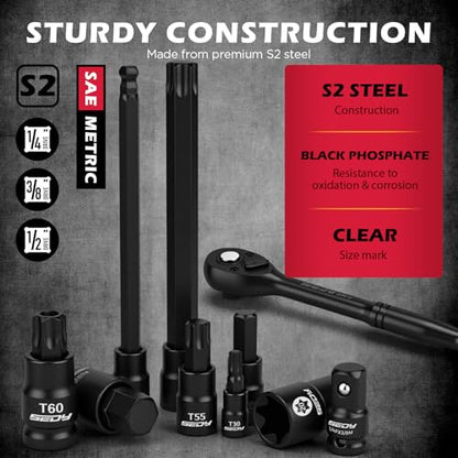 112-Piece Torx and Allen Bit Socket Set, 1/4", 3/8",1/2" Drive Bit Socket Set with Quick-Release Ratchet Wrench, Adapters, Extra long torx/Tamper proof torx/Hex/Ball End Hex/E-Trox,SAE/Metric,S2 Steel - style: 112-Piece Ultimate Set