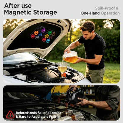 2.38QT/2.25L Engine Oil Funnel Kit Spill-Proof Oil Change Kit with Flow Control Valve,2 Magnetic Organizer,2 45° Elbows,12 Adapters Compatible with Most Cars