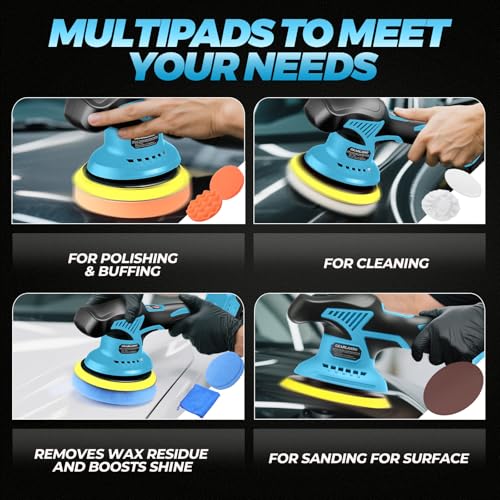 Car Buffer Polisher Cordless 21V 8 Speed Polishing Machine - color: Blue & Black