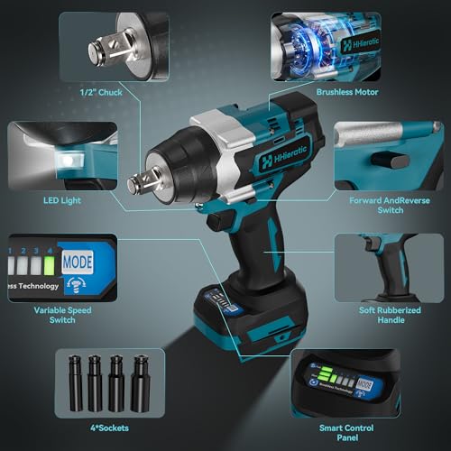 1/2" Cordless Impact Wrench Compatible with Makita 18V Battery,516 Ft-lbs 700N.m Brushless High Torque Impact Gun,Bare Tool with 4PCS Sockets 17/19/20/24mm for Tire Change,Auto Repair
