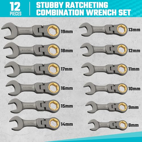 DURATECH 12-Piece Anti-Slip Flex-Head Ratcheting Wrench Set, Stubby Combination Wrench Set, Metric, 8-19mm, 72-Teeth, CR-V Steel, Nickel Plated with Pouch
