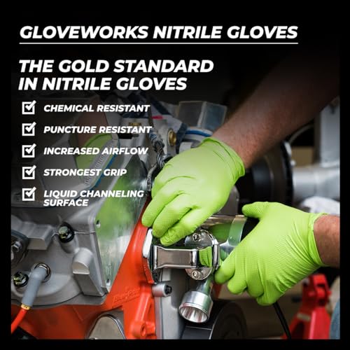 GLOVEWORKS HD Green Gloves, 8 Mil Nitrile Disposable Heavy Duty Raised Diamond Grip Mechanic Glove, Bulk Purchasing Options - size: Large, style: 10 Boxes of 100