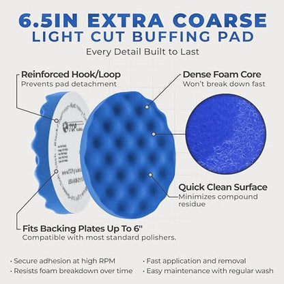 TCP Global 6.5" Blue Waffle Foam Buffing Pad Hook and Loop Backing - Light Cut Pad for Polishing, Automotive, Marine, Truck, RV & Compound Cutting, Car Polishing Pads