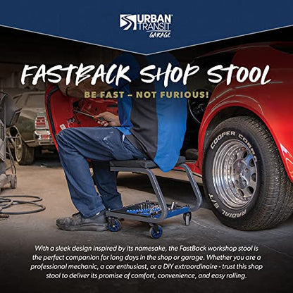 URBANTRANSIT Fastback Shop Stool - 350 Lb Capacity Rolling Stool for Garage & Workshop, with Organizer Tray & Cupholder - 3 Inch Premium Casters
