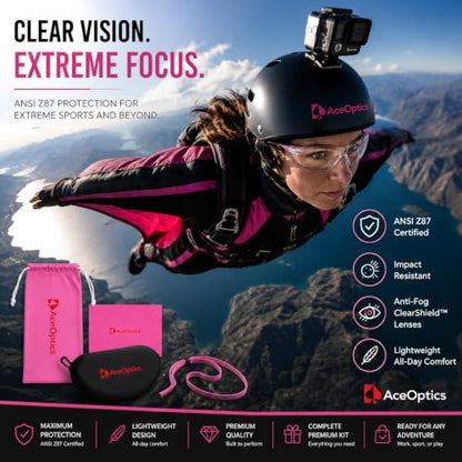 Safety Glasses – ANSI Z87 Certified, 5X Anti-Fog ClearShield™ Lenses with Premium Hard Case & Accessory Bundle - color: Pink & White / Clear