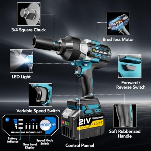 3/4" Cordless Impact Wrench, 1549Ft-lbs(2100N.m) Brushless Impact Gun, 2x6.0Ah Batteries, Max 5100RPM with Reverse Auto-Stop & LED Light for Car Truck Lug Nuts, Auto Repair, Industrial & DIY