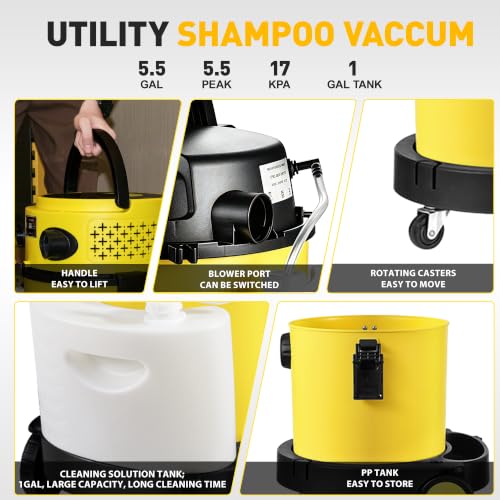 Shop Vacuum Wet and Dry Cleaner, 6 Gallon 4-in-1 with Soap Tank and Blower | 5.5 Peak HP, 17 KPa Suction, HEPA/Sponge Filters, with Hose, 2 Aluminum Tubes, Caster Wheels