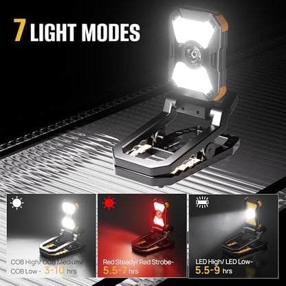Adelante W3 Rechargeable Clamp Work Light, 2100LM, 360° Rotating Head | 4000mAh battery, 3-10 hours runtime, 2.5 in clamp, dual magnets, IPX4 waterproof, USB-C charge and USB output for workshop