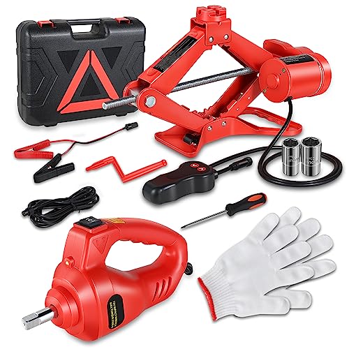 Auto Dynasty Electric Scissor Jack Kit, 3 Ton (6614LBS) Steel Leveling Scissor Car Jacks, Lifting Range 13.7" (Max) to 4.7" (Min) Scissor Lift Jacks with Screw Rod and Powerful Impact Wrench Kit, Red