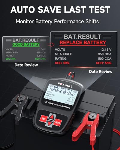 FOXWELL BT100 PRO Car Battery Tester, 12V, 100-1100 CCA Load Tester | Battery Health Tester, Save Last Test, 99.6% Accuracy, SOH/SOC/CCA, AGM/EFB/GEL/Flooded