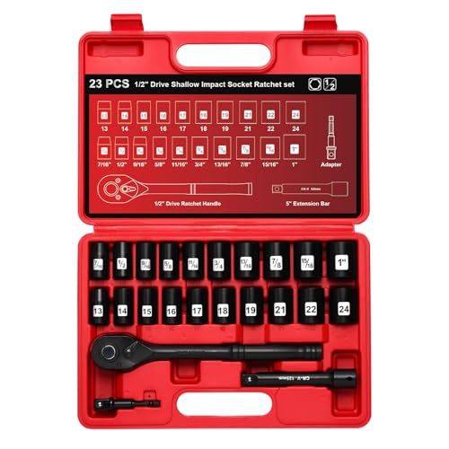 1/2" Drive Impact Socket Set, 23-Piece Shallow Socket, SAE (7/16 to 1-Inch) & Metric (13-24 mm) Sizes, Ratchet Handle, Adapter, CR-V Steel