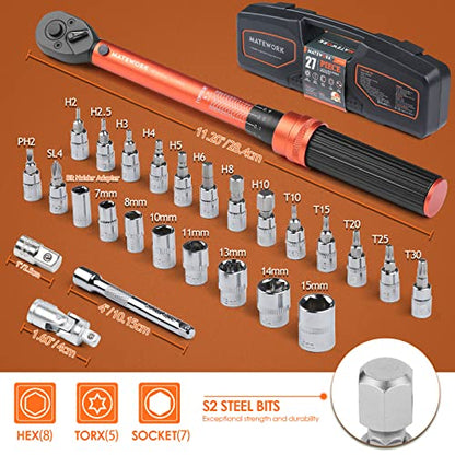 1/4 Inch Drive Click Torque Wrench, 27 PCS Bike Torque Wrench Set Double Scale (1-25Nm/8.9-221.3lb.in), 0.1Nm High Precision with Bit Sockets, 3/8 Adapter, Extension Bar, for Bicycle Maintenance - size: 1/4-inch (27pcs, 1-25 nm/8.9-221.3 lb.in)
