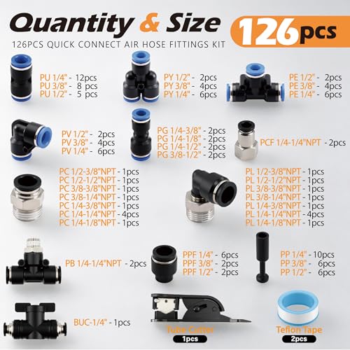 126 Pcs Quick Connect Air Hose Fitting Kit, 1/4" 3/8" 1/2" Push to Connect Pneumatic Fittings, NPT Straight Elbow Tee Union with Storage Case - size: 126PCS Blue