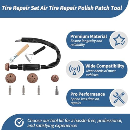 Tire Repair Set Air Tire Repair Polish Patch Tool 2500rpm Low Speed Air Tire Buffer Tire Inner Liner Scrapper Patch Roller 3pcs Tungsten Steel Buffing Wheel 42mm 55mm