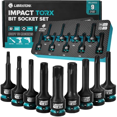 LIBRATON Impact Torx Bit Socket Set, 1/2" Drive, S2 Steel, 9PCS Impact Star Bit Socket Set (T30-T80), High Impact Torx Sockets, XPE Storage, Professional Mechanic and Automotive Repair - style: 9PCS Torx