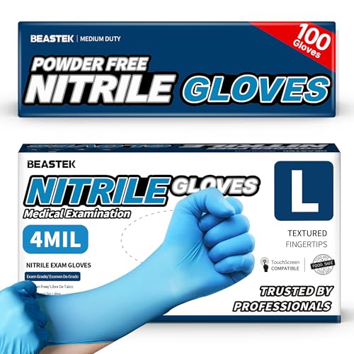 Beastek Blue Nitrile Exam Gloves, 4 Mil Disposable Powder-Free Latex-Free Medical Food Safe Cooking Cleaning Gloves, 100 Pcs - color: Large (Blue)