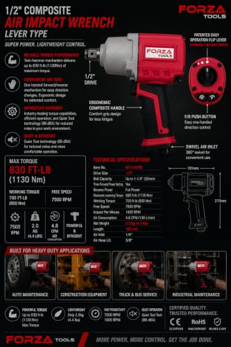 1/2" Composite Air Impact Wrench, One-Handed Push Button F/R Control, 830 ft-lbs Max Torque, Lightweight Pneumatic Gun for Tire Change & Auto Repair