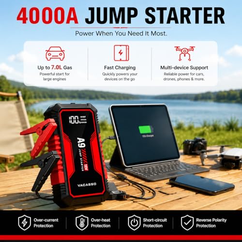 Jump Starter 4000A, VACASSO A9 Battery Jumper Starter Portable (7L Gas/4L Diesel), 12V Car Battery Booster Jump Starters Pack, Jumpstart with USB Ports, Jumper Cables, LED Light, Storage Case - color: Red