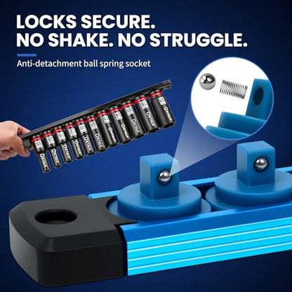 8PC Magnetic Socket Organizer Set, for 1/2″ 3/8″ 1/4″ Drive with 3 Black 3 Red 2 Blue Trays, 360° Swivel Removable Clips, Heavy Duty Aluminum Alloy Rail for Tool Box Drawer