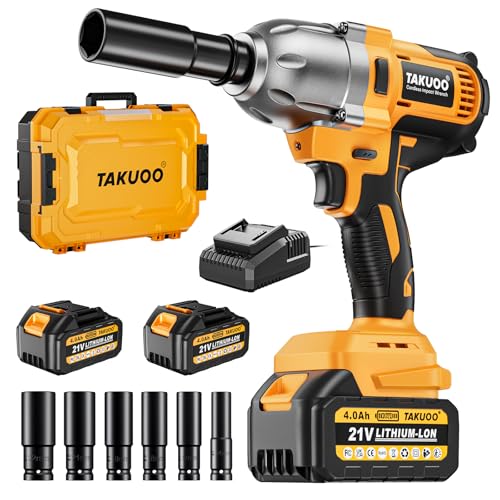 Takuoo Cordless 1/2 inch Brushless Impact Wrench, Max Torque (1200N.m) 900Ft-lbs Electric Impact Gun w/2x 4000mAh Battery, Charger & 6 Sockets, Power Impact Driver for Car Home
