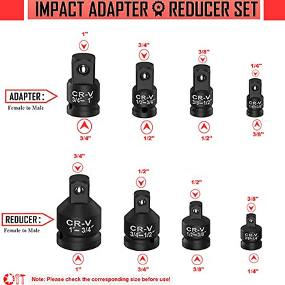 WYBENZ 8PCS Impact Socket Adapter and Reducer Set, 1/4" 3/8" 1/2" 3/4" Impact Adapter Set Breaker Bar Wrench Conversion Kit Mechanic tools with Storage Case - style: 8 Pcs