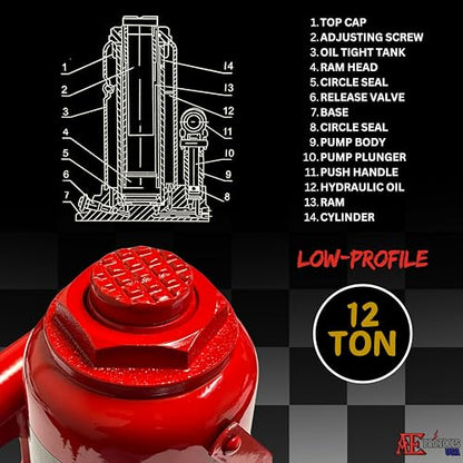 ATE Pro. Tools - 12 Ton Hydraulic Bottle Jack, (24,000 lbs) Red Jack, Low Profile, Welded Hydraulic Low Profile Bottle Jack