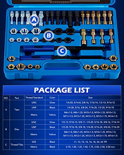 Orion Motor Tech 49 Piece Thread Chaser Set, Metric and SAE Thread Repair Kit with 22 Taps 24 Dies 3 Thread Files, Universal Rethreading Kit Thread Restorer Tool Set in UNC UNF Metric Sizes with Case - size: Metric and SAE