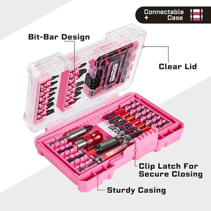 Geinxurn 56Pieces Impact Screwdriver Bits Set, Magnetic S2 Steel Phillips/Slotted/Square/Torx Insert Power Bits Tips, Impact Bit Holder with Pink Storage Box Case - style: STKB056B-PK