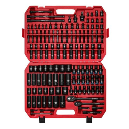 CASOMAN 153-Piece 1/4" & 3/8" & 1/2" Drive Master Impact Socket Set with Case, Professional Standard and Deep Socket Tool Set, 6 Point, SAE and Metric Sizes - size: 1/4" & 3/8" & 1/2" Drive