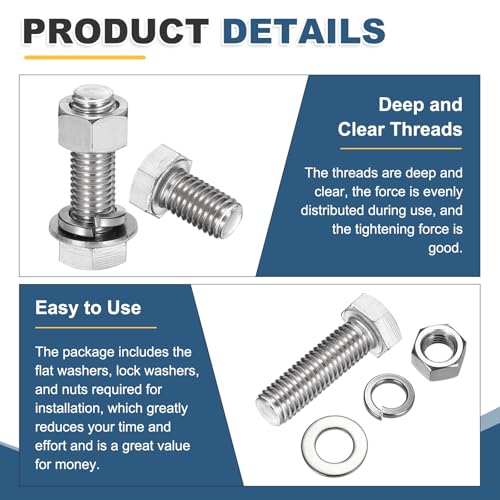 MECCANIXITY M10 x 150mm 304 Stainless Steel Hex Head Screws Bolts, Nuts, Flat & Lock Washers Assortment Kit, Fully Threaded, Bright Finish for Home, Electronic, Machine, 2 Sets - size: M10 x 150mm