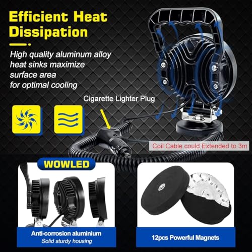 Magnet Light Bar, Magnetic Base, Cigarette Lighter Powered, Portable LED Flood Light Work Lamp for Car Off-road SUV Trailer Tractor Truck Engineering Maintenance Garage Camping (27W Round)