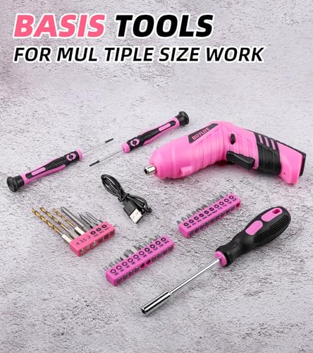 Pink Tool Set for Women, 126-Piece Lady's Power Screwdriver Cordless Rechargeable Set Home Repairing Tool Set with 13-Inch Wide Mouth Open Storage 126PCS 3.6V Electric Screwdriver Tool Bag - style: 126 Piece Pink