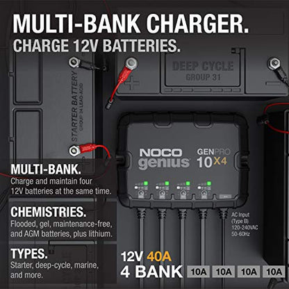 NOCO Genius GENPRO10X4: 4-Bank, 40A Onboard Battery Charger - 10A Per Bank, 12V Waterproof Marine Charger with Overcharge Protection & Temperature Compensation – for Lead-Acid & Lithium Batteries