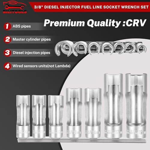 BILITOOLS 7pcs Diesel Injector Fuel Line Socket Set, 3/8" Drive | CR-V Steel for Sensors & Pipes, Non-Slip, Precise Fit, for Thermo/Egt Sensors, Fuel Lines, Bent Pipes, Abs, Brake Line