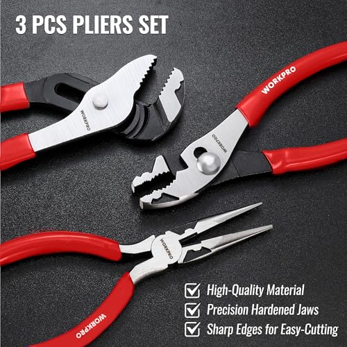 WORKPRO Pliers Set, 3-Piece Plier Tool Set with Soft Handle | 6" Needle Nose, 6" Slip Joint, 8" Groove Joint Plier for DIY & Home Use - color: Red