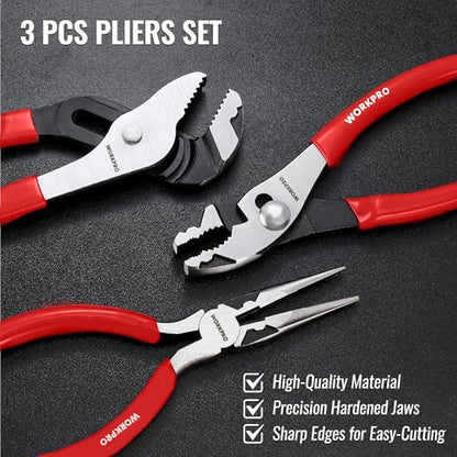 WORKPRO Pliers Set, 3-Piece Plier Tool Set with Soft Handle | 6" Needle Nose, 6" Slip Joint, 8" Groove Joint Plier for DIY & Home Use - color: Red