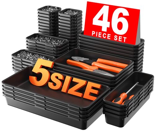 A-LuGei 【𝟰𝟲𝗣𝗖𝗦 & 5 Size】 Tool Box Organizer Tray Divider Set, 【Black】 Bathroom Drawer Organizer Bin, Garage Organization and Storage Toolbox Rolling Tool Chest Cart Cabinet WorkBench Small Part - color: Black