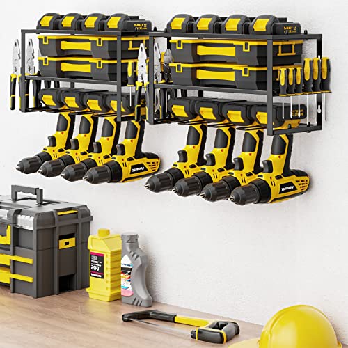 Spacecare Power Tool Organizer- Power Drill Tool Holder- Heavy Duty Tool Shelf & 2 Pack 3 Layers Tool Rack Cordless Drill Holder- Floating Tool Shelf Wall Mounted Tool Storage Rack for 8 Drill Holders - style: 4 Drill Holders B