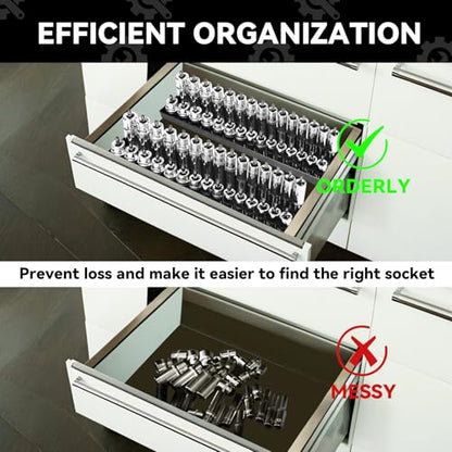 AIUITIO 6PCS Socket Organizer Tray Set, Red SAE & Black Metric Socket Storage Trays, 1/4-Inch, 3/8-Inch & 1/2-Inch Drive Deep and Shallow Socket Holders for Toolboxes - size: 170 Socket Capacity