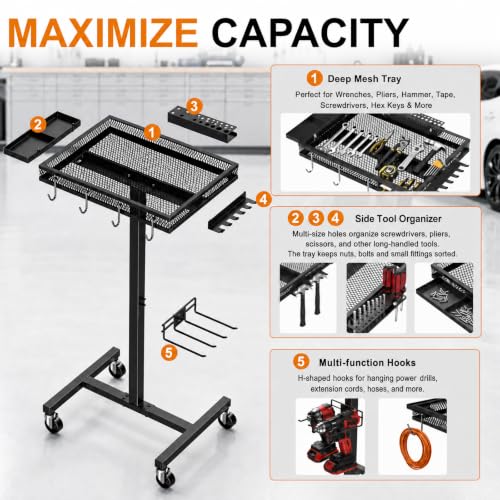 Rolling Tool Cart with Wheels, Metal Work Table Tool Organizer | Mechanic Cart with Side Tool Slots & Mesh Tray, Ideal for Garage & Workshop