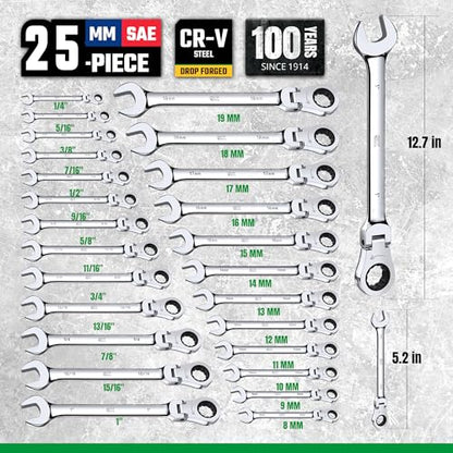 SK Flex-Head Ratcheting Wrench Set, Combination Wrench Set, 25-Piece, SAE 1/4" to 1", Metric 8 to 19mm, 72-Tooth, Premium CR-V Construction, with Rack Organizer - size: Metric&SAE