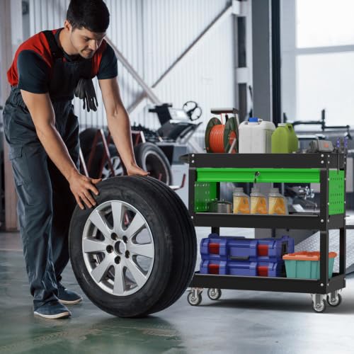 3 Tier Rolling Cart, Heavy Duty Utility Industrial Service Carts on Wheels, Metal Tool Cart with Locked Drawers, Ideal for Garage, Warehouse and Repair Shop (Black&Green) - color: Black&green
