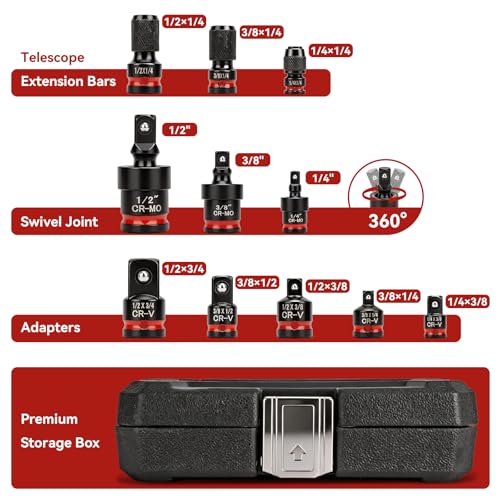 11PC Socket Adapter Set, Drill Bit Socket Adapters, CR-V and CR-MO | Complete 11pcs swivel impact socket set, 360° , reach narrow & blocked bolt positions easily for auto maintenance