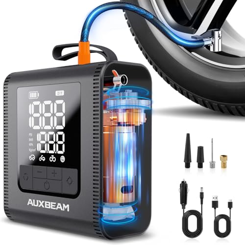 AUXBEAM H4Pro Tire Inflator Portable Air Compressor,150PSI 2 in 1 Rechargeable 5200mAh Car Tire Inflator Portable 4 Preset Inflation Modes 12V Air Pump With LCD Screen for Car, Motorcycle, Bike, Ball - color: Black