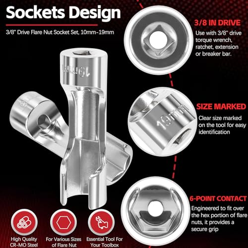 12030 Flare Nut Socket Set, 10pc, 10-19 mm 3/8" Drive Diesel Injector Fuel Line Socket Wrench Set