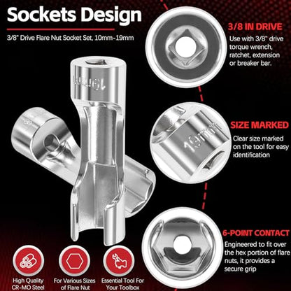 12030 Flare Nut Socket Set, 10pc, 10-19 mm 3/8" Drive Diesel Injector Fuel Line Socket Wrench Set