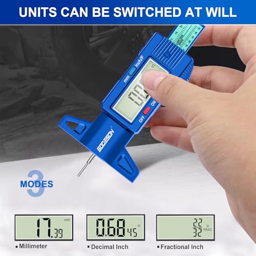 GODESON Tire Tread Depth Gauge, Digital Tire Tread Depth Gauge with 3 Modes-Fractional Inch,Blue Tire Depth Gauge with Color-Coded Bar,Tread Depth Gauge Suitable for All Vehicle Tires - color: Blue