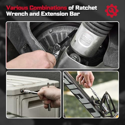 Geinxurn 60Pcs 180° Pivoting Flex Head T-Handle Ratchet Wrench Set, 72-Tooth 1/4" Reversible Ratchet with Extension Bar, Socket Adapter & 1" Impact Screwdriver Bits (Phillips/Torx/Hex) for DIY - size: 60pcs-Changeable